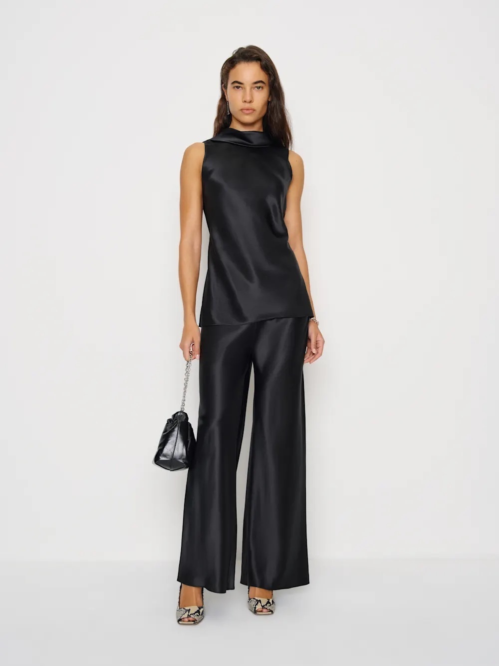 new Reformation brown Angela silk two piece pant top set in Black Pearl
